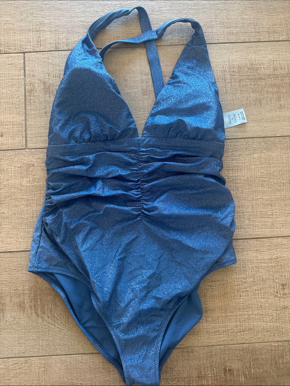 Shade and Shore Shimmery Blue One-Piece Swimsuit with Ruched Front criss cross